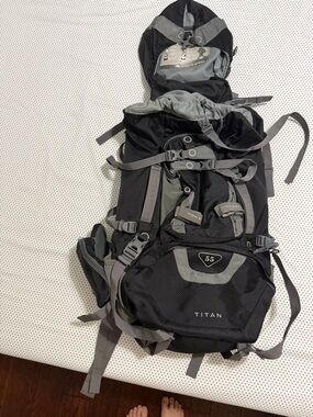 Titan Black and Gray 55L Hiking Backpack with Multiple Straps
